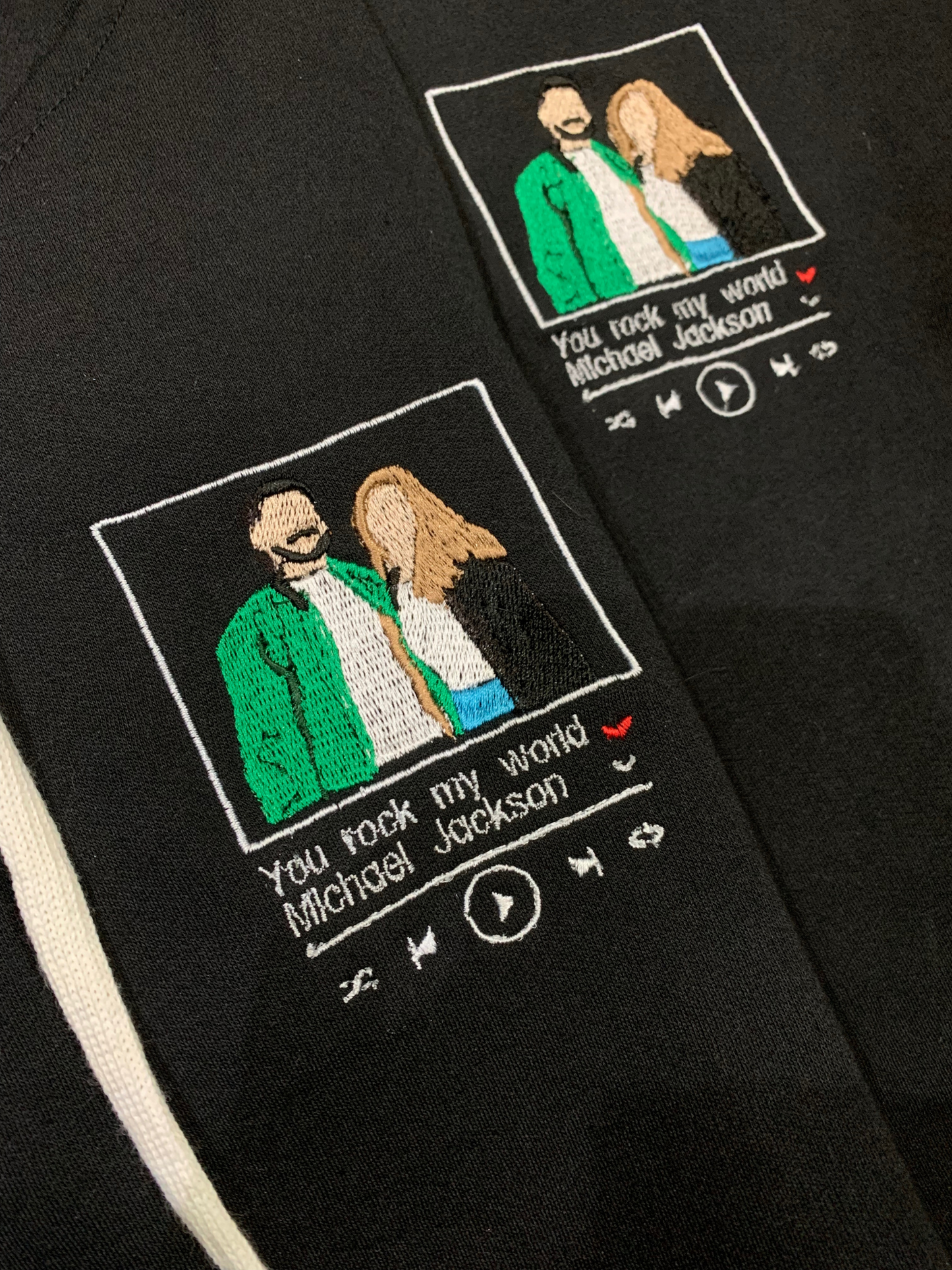 Hoodies bordado de pareja ilustracion y cuadro de cancion