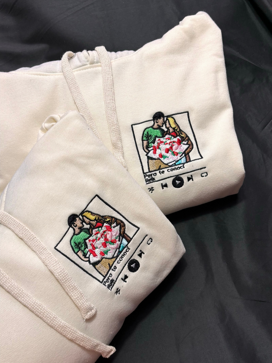 Hoodies bordado de pareja ilustracion y cuadro de cancion
