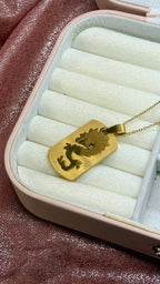 Collar dorado con dije de placa rectangular y silueta calada de dragón reposando en joyero